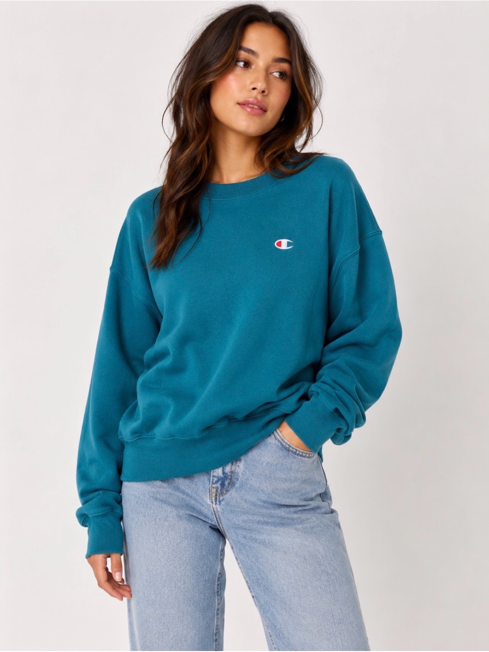 Champion Reverse Weave Teal Blue Crewneck Sweatshirt Medium Cozy Retro Pullover